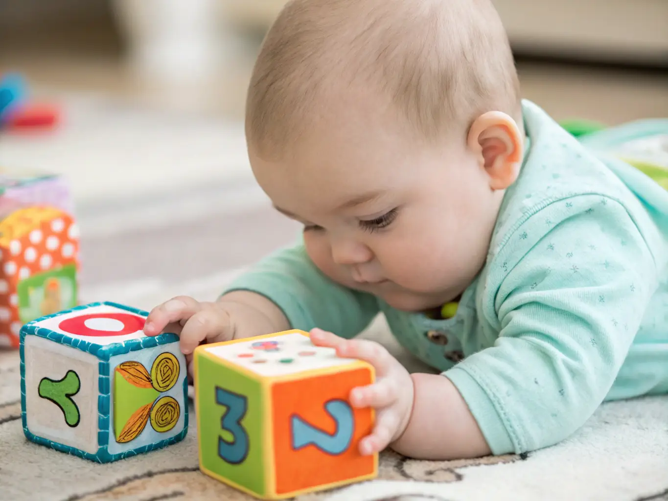 A baby is playing with textured blocks, exploring different shapes and materials, during a sensory development session at home, with a caregiver gently guiding the activity.