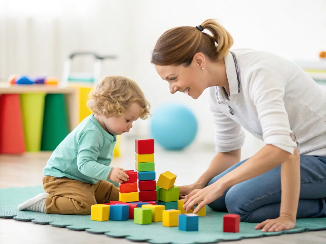 A child with ADHD is engaged in a focused activity, with a therapist guiding them using play-based techniques to improve concentration and reduce hyperactivity.