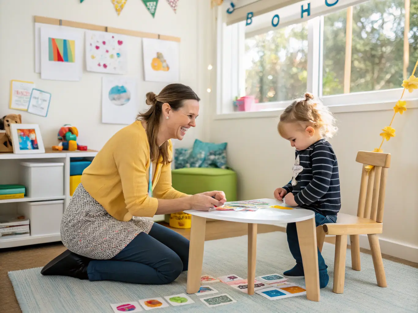 A therapist is working with a child on speech exercises, using visual aids and interactive games, during a specialized support session at home, focusing on speech delay.