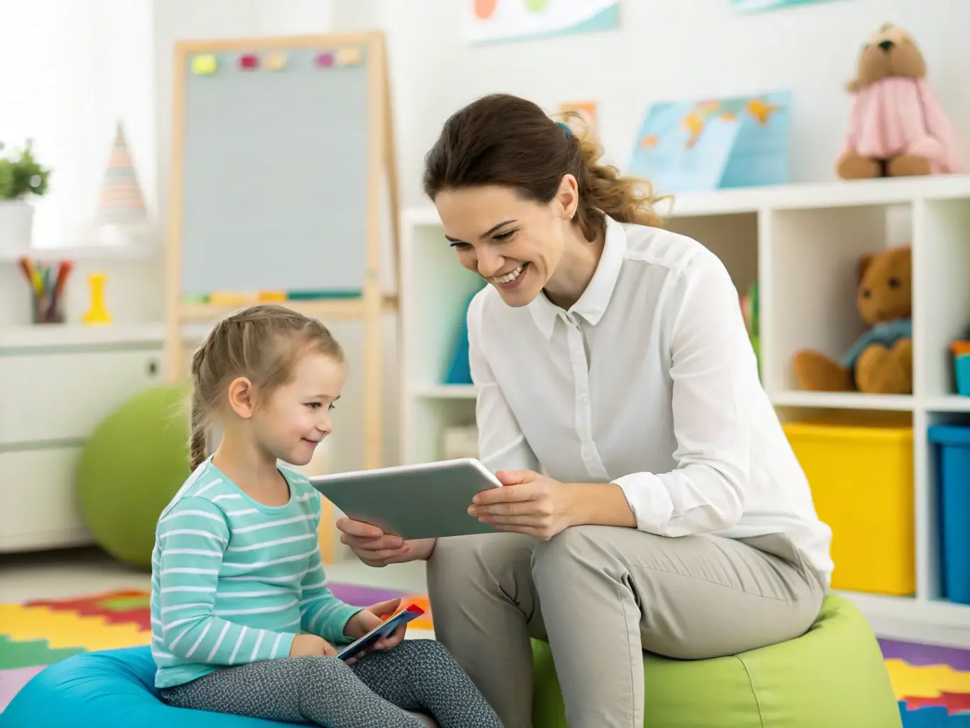 A speech therapist is working with a young child, using interactive games and visual aids to improve their speech and language skills.